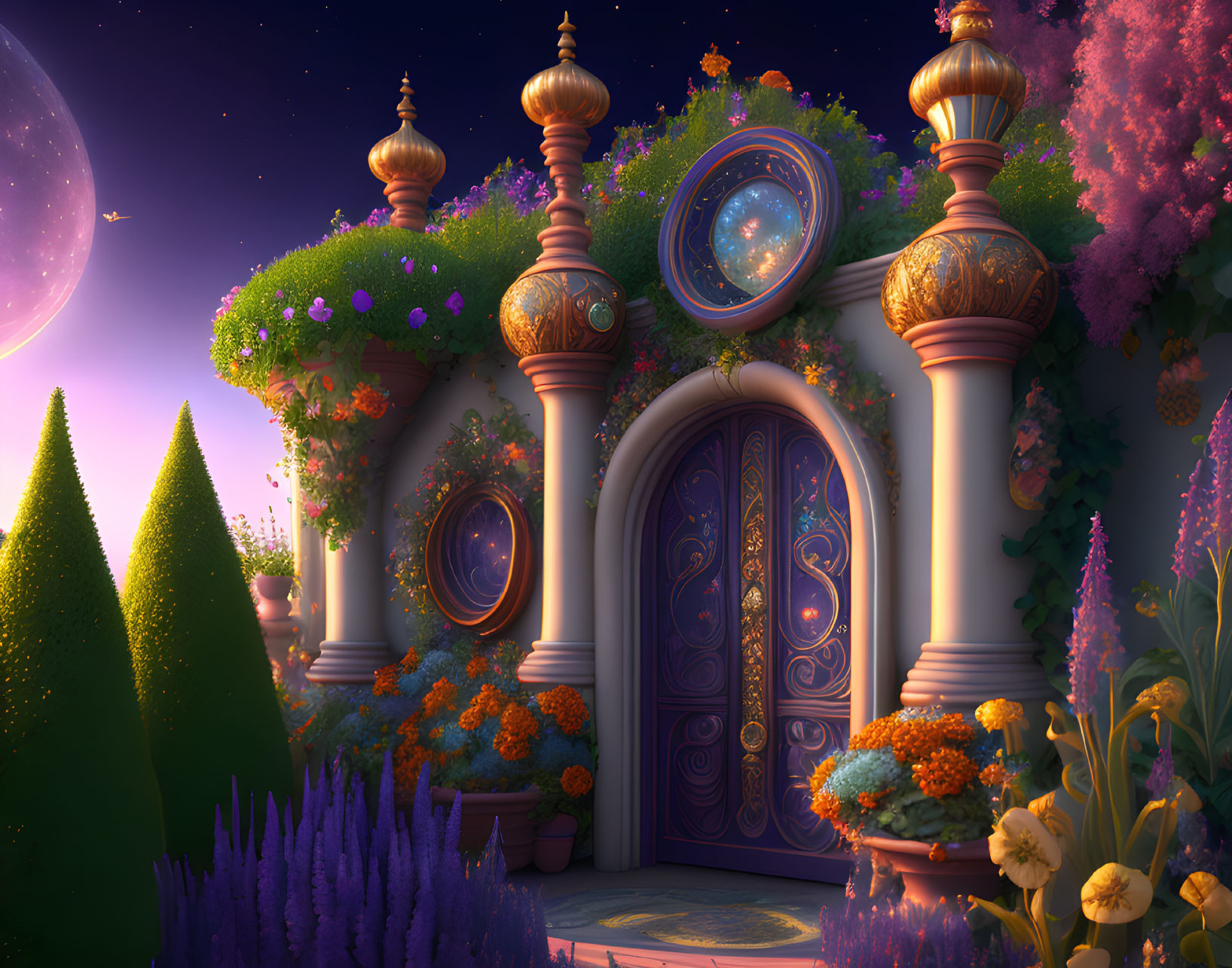 Moonlit ornate door in lush, vibrant fantasy scene