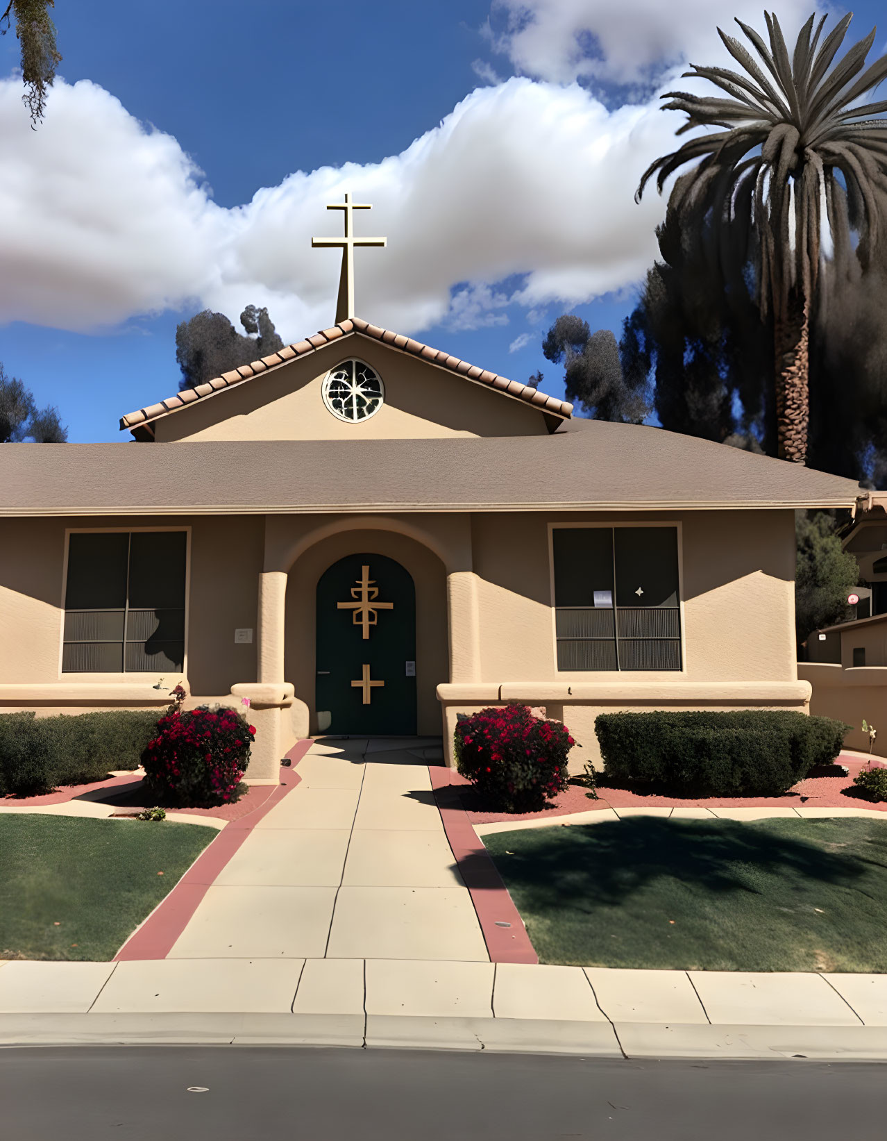 Beige church with cross, rose bushes, blue sky.