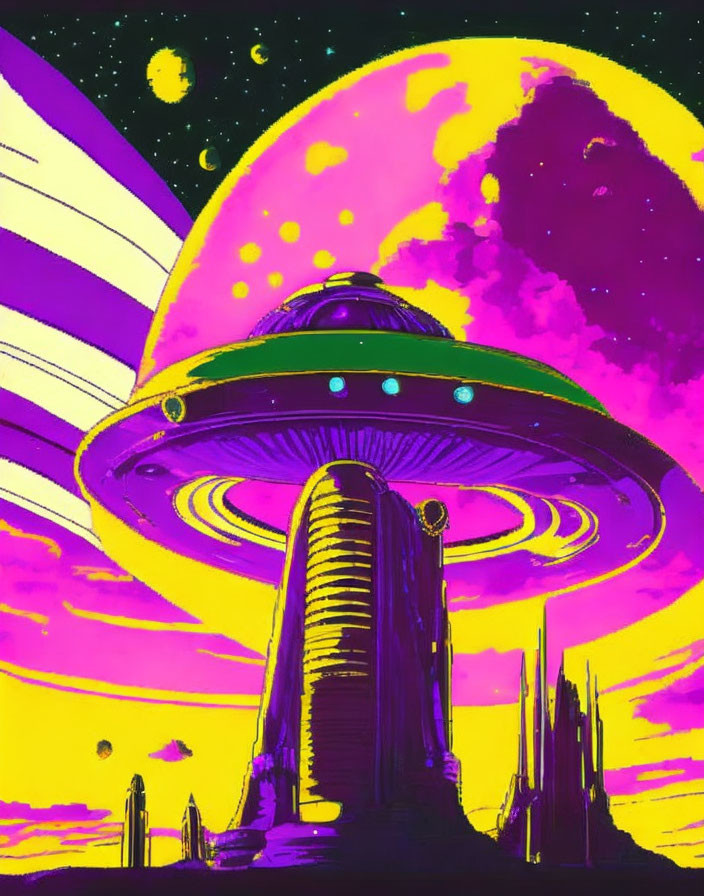 Colorful flying saucer over futuristic landscape with oversized planets