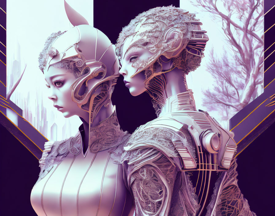 Futuristic humanoid figures in robotic headgear and armor against geometric backdrop