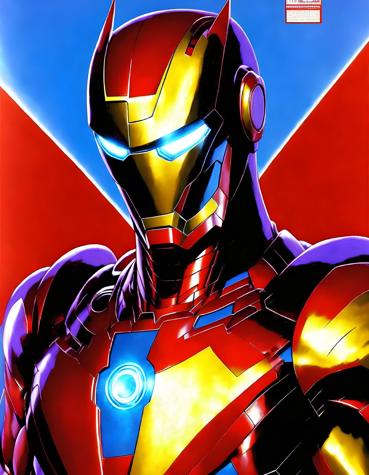 Metallic superhero in red and gold suit with glowing chest reactor and sleek helmet