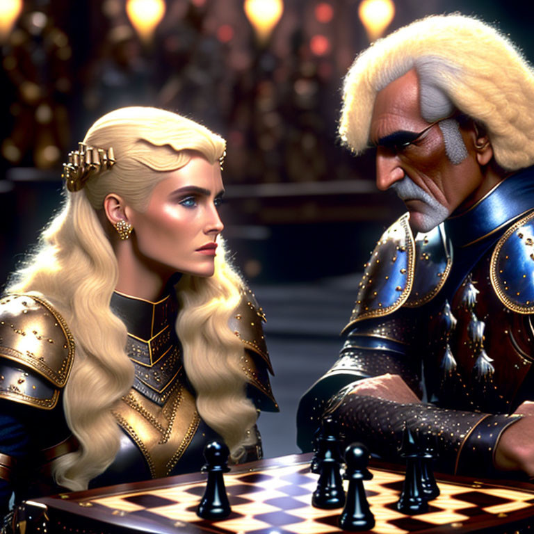 Blonde woman and white-haired man play chess in ornate armor