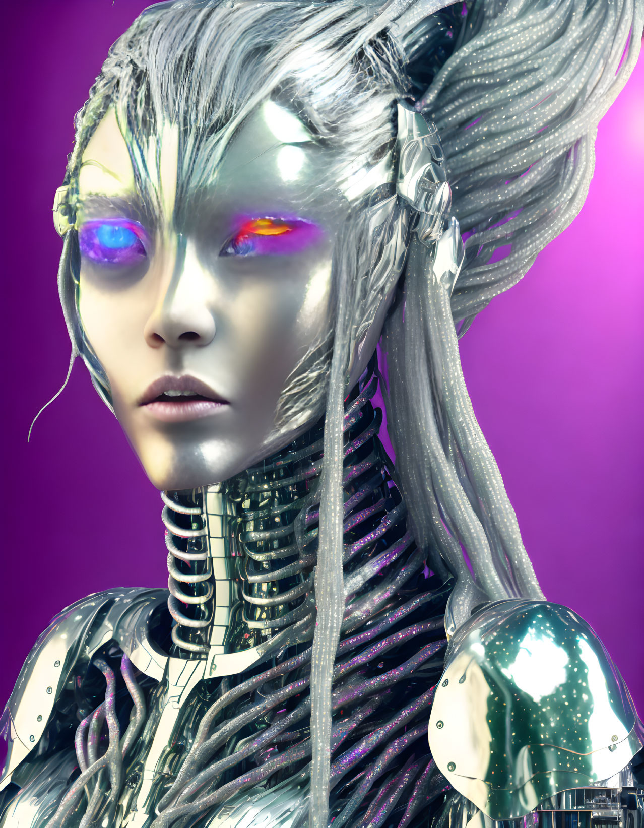 Silver-skinned female android with blue eyes and mechanical details on purple backdrop