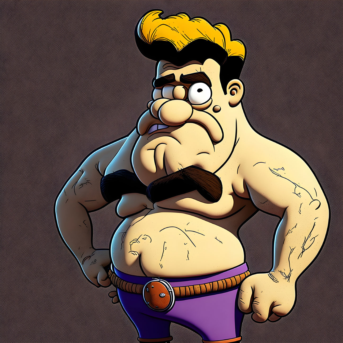 Muscular man with blonde pompadour, black armband, purple pants, frowning.