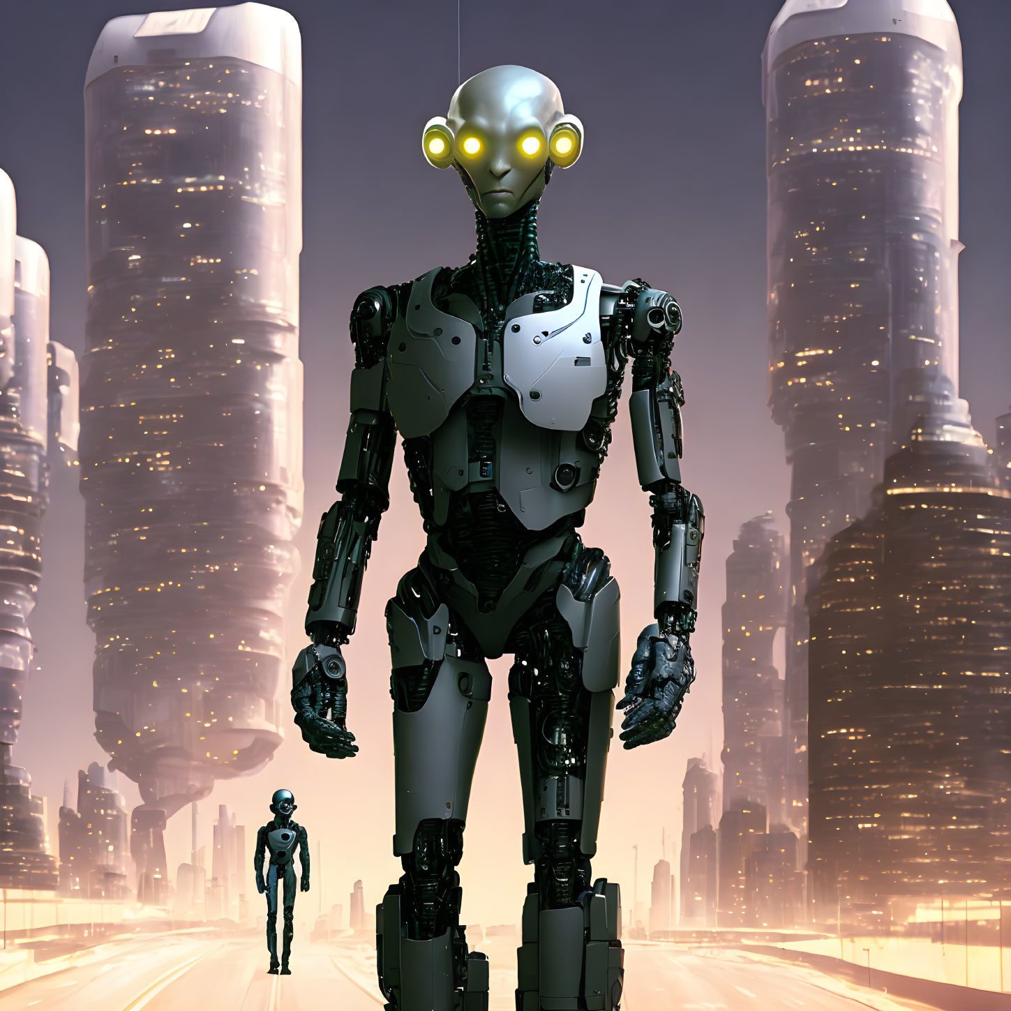 Futuristic robot with glowing yellow eyes in cityscape.