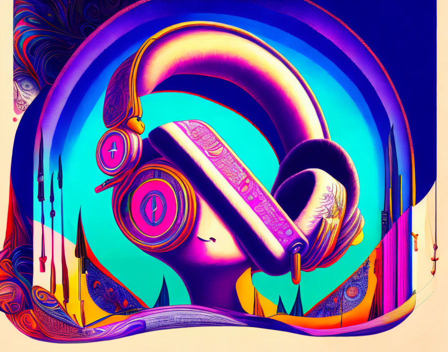 Vibrant abstract art: surreal elements, eye, headphones, whimsical landscapes