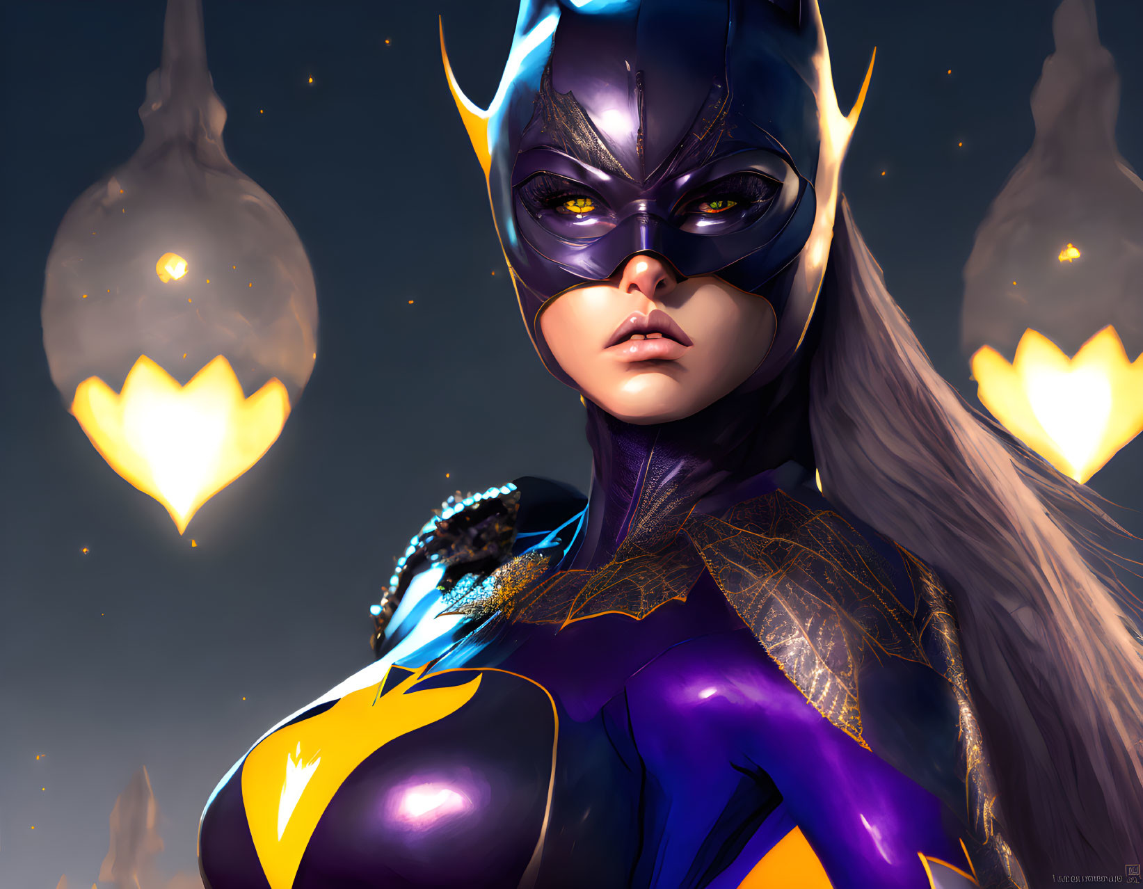 Female superhero with bat-themed mask and glowing emblem in night sky