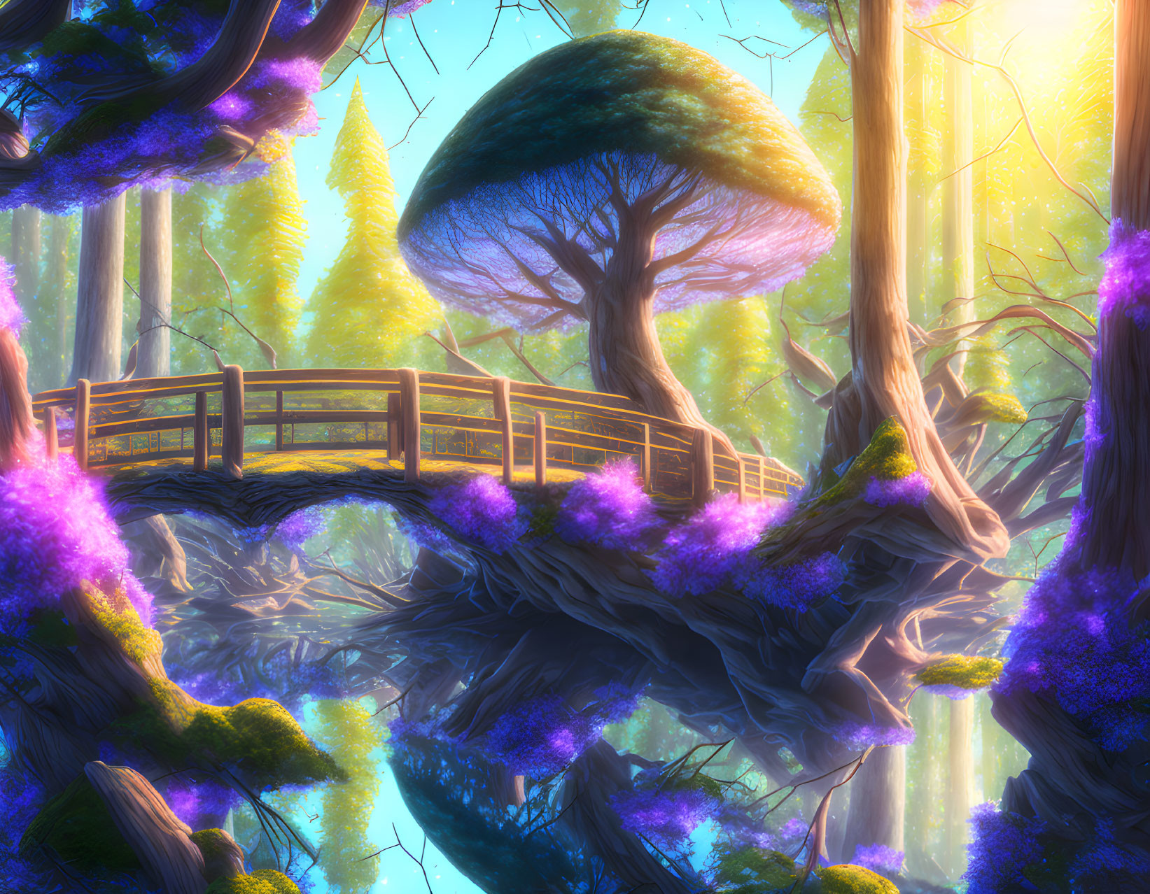 Vibrant forest with oversized mushrooms and glowing light