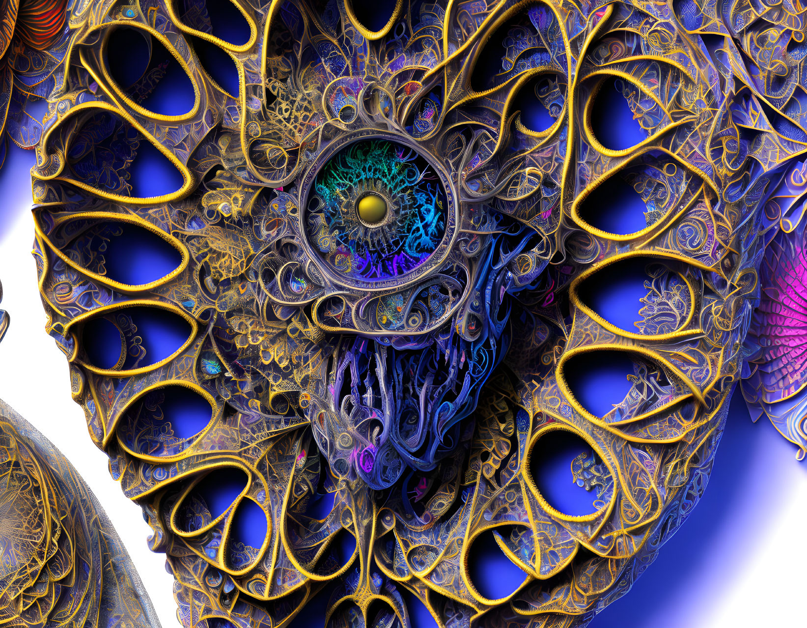 Intricate Golden Fractal Image with Eye-Like Structure