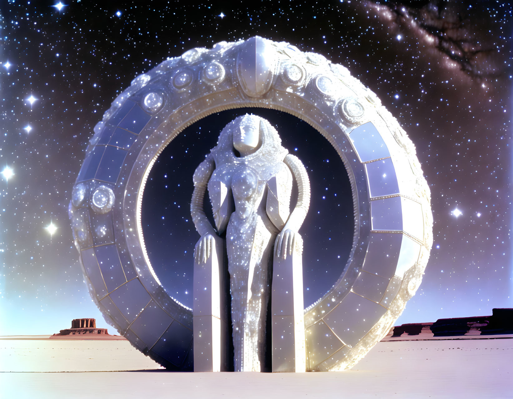 Futuristic portal in desert night with enigmatic figure