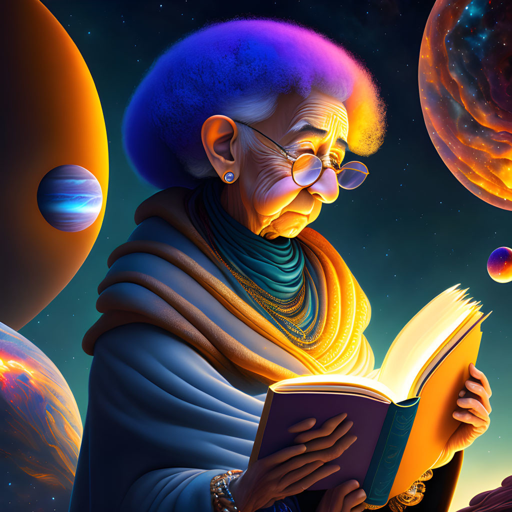 Elderly woman with blue hair reading book in cosmic setting