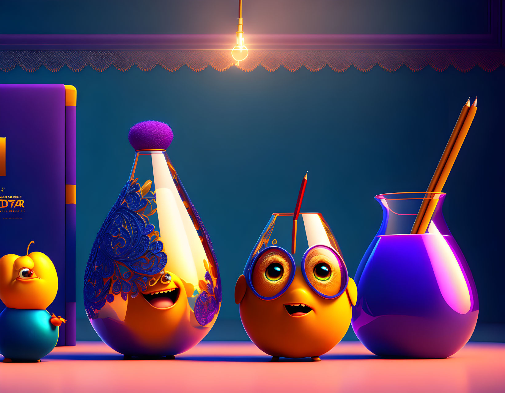 Colorful animated vases with facial expressions on table with pencil and book against blue background