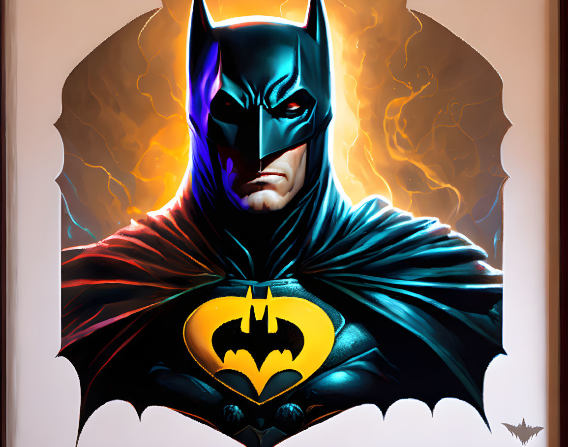 Illustrated portrait of Batman with fiery backdrop and iconic cowl, cape, emblem.