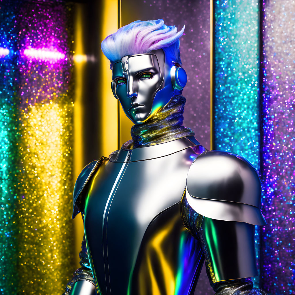 Futuristic metallic android with purple hair and headphones on colorful glittery backdrop