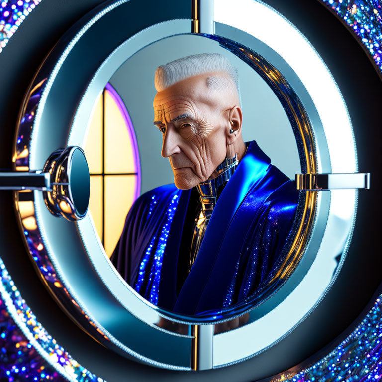 Elderly man with metallic neck features in blue robe surrounded by futuristic illuminated frame