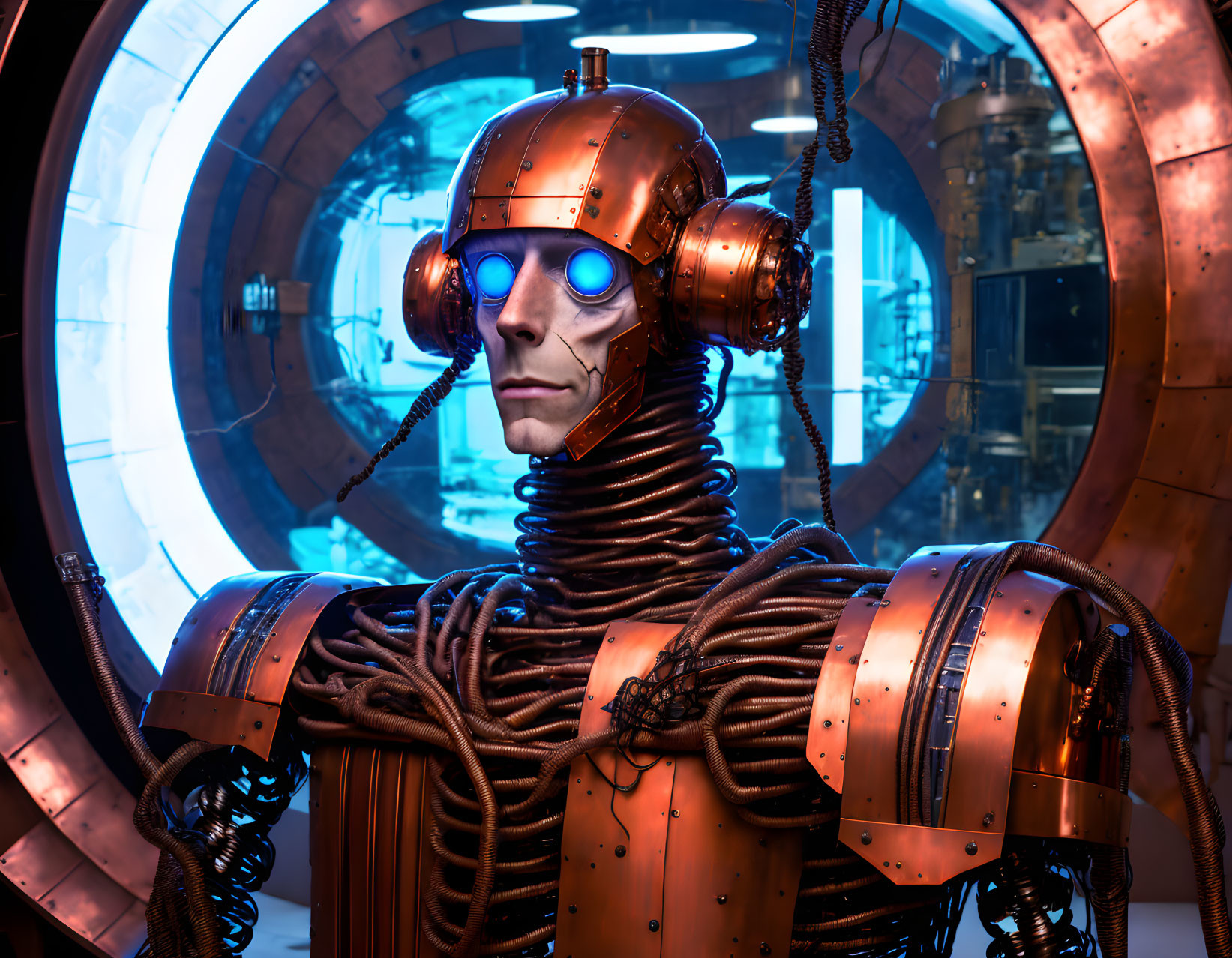 Futuristic robot with human-like face and blue glowing eyes in copper armor among high-tech machinery.