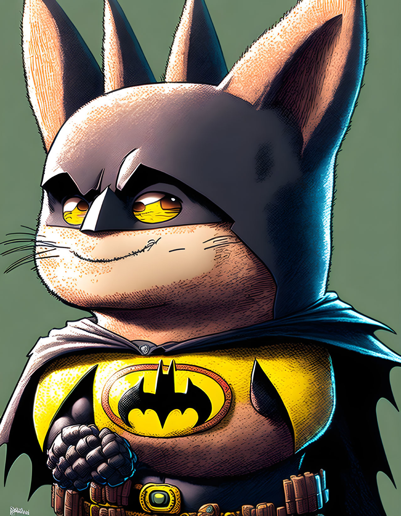 Illustrated character resembling a bat in Batman costume with large ears and yellow eyes