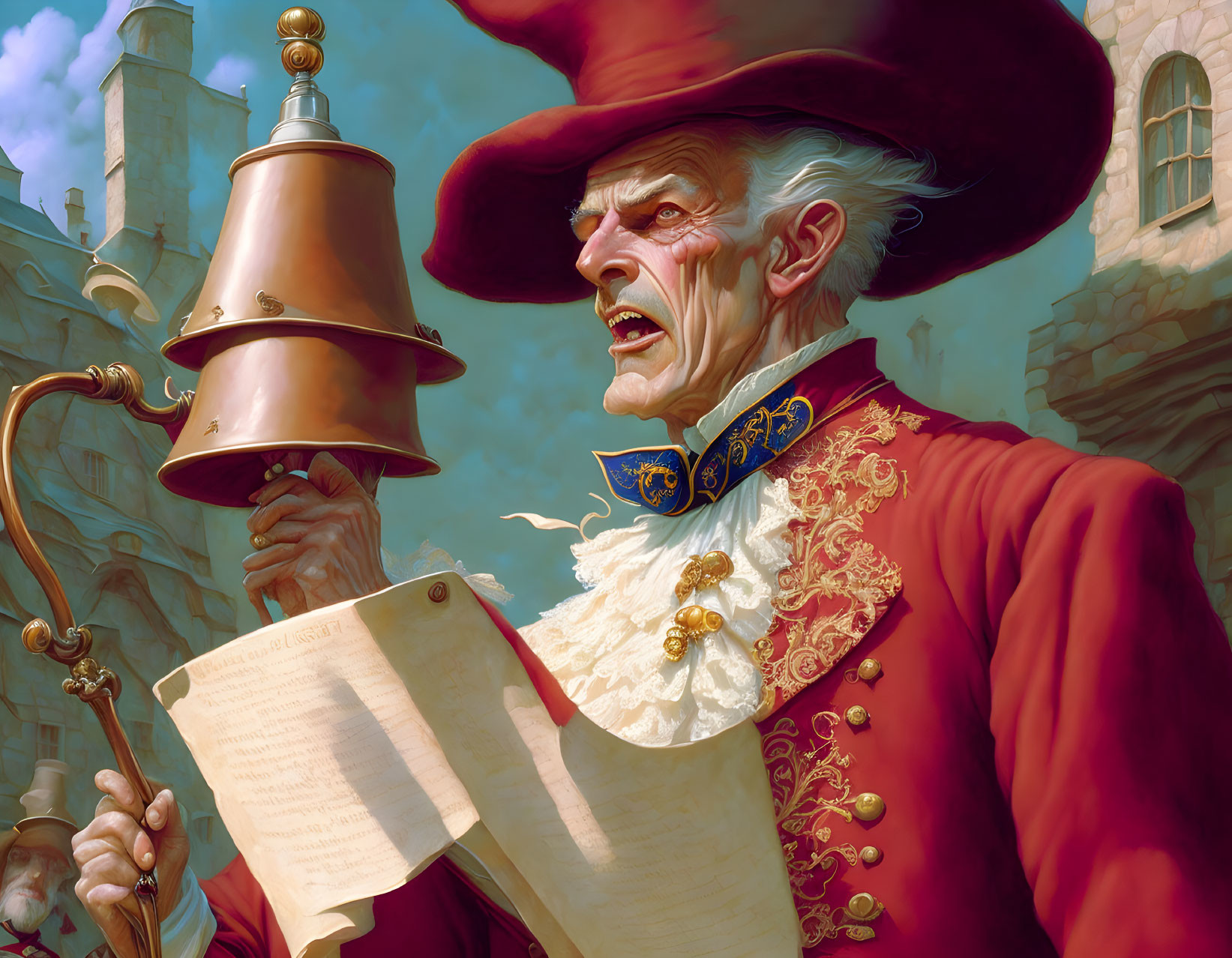 Illustration of elderly town crier in red attire with bell and scroll, set against old buildings.