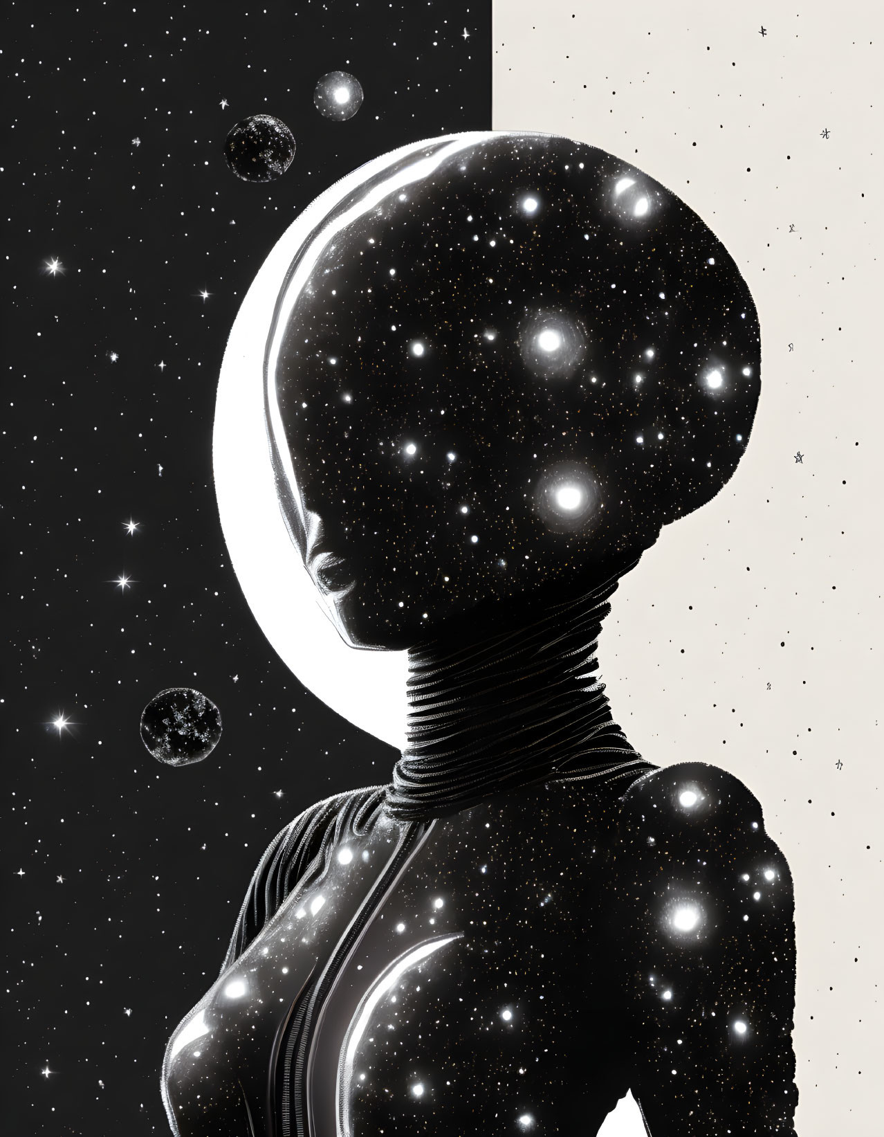 Surreal humanoid figure with galaxy-filled head in cosmic setting