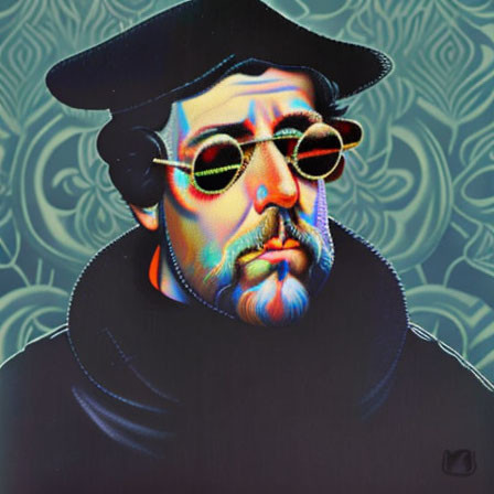 Vibrant modern depiction of historical figure with beret and sunglasses