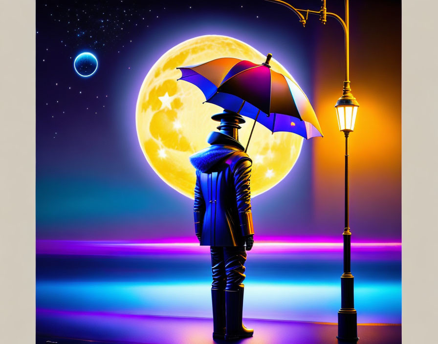 Person with umbrella under moon and planet with neon lights