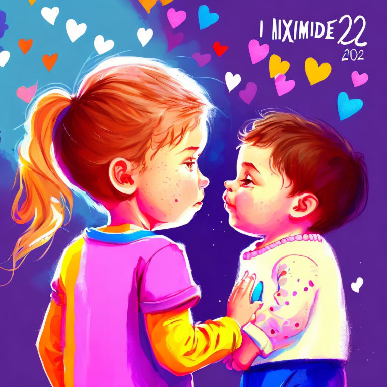 Cartoon children about to kiss surrounded by colorful hearts and signature "MIXMIDE 22