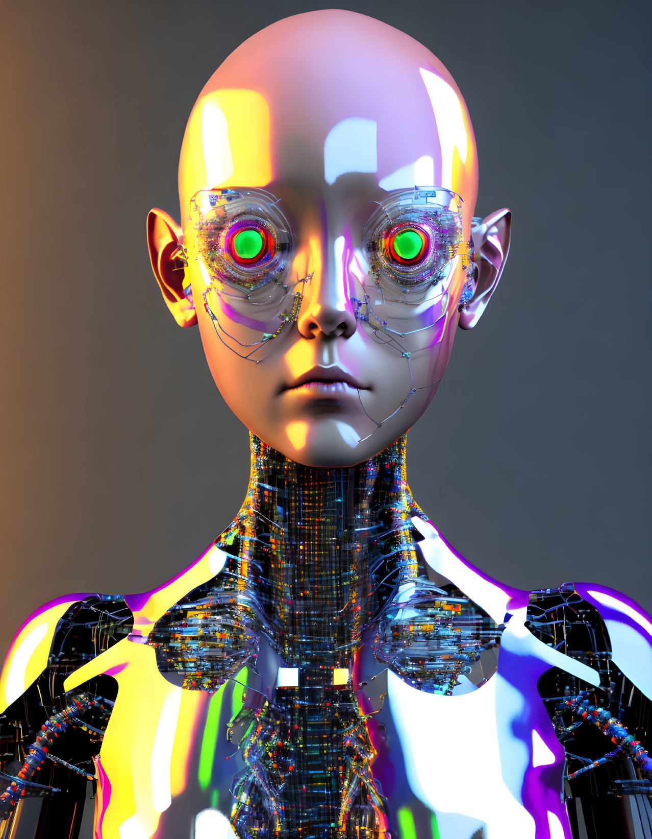 Detailed humanoid robot with translucent head and red glowing eyes on gradient backdrop