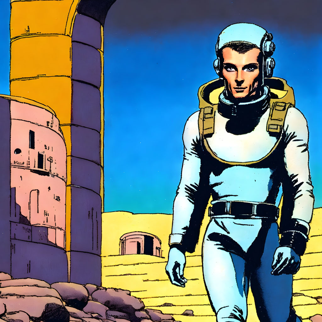 Animated astronaut in space suit on desert terrain with alien architecture.