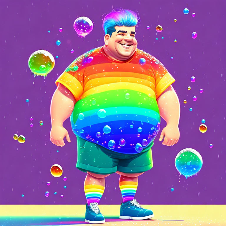 Vibrant illustration of cheerful man with rainbow hair in striped attire among colorful bubbles