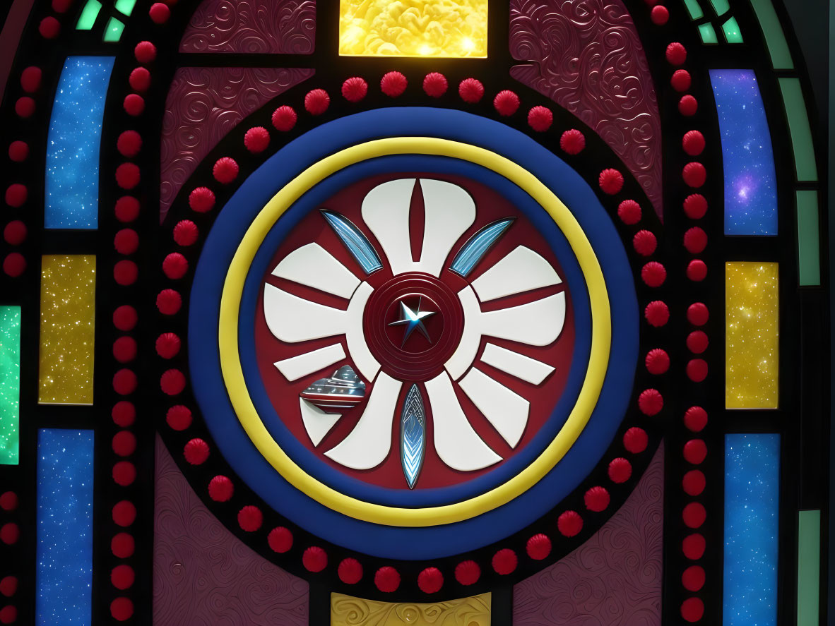 Circular Stained Glass Window Design with Geometric Patterns and Red, Blue, Yellow Accents