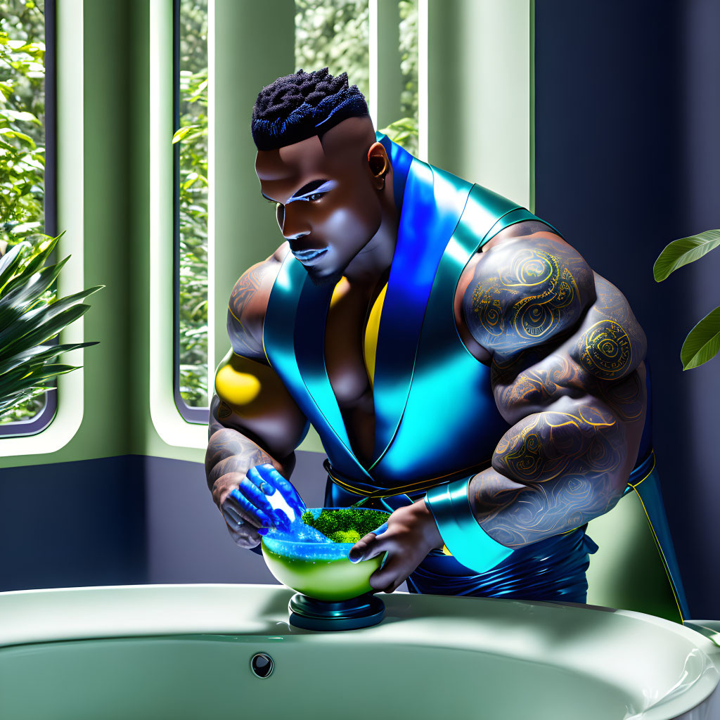 Muscular animated character with tattoos mixing substance in futuristic outfit by window with green foliage