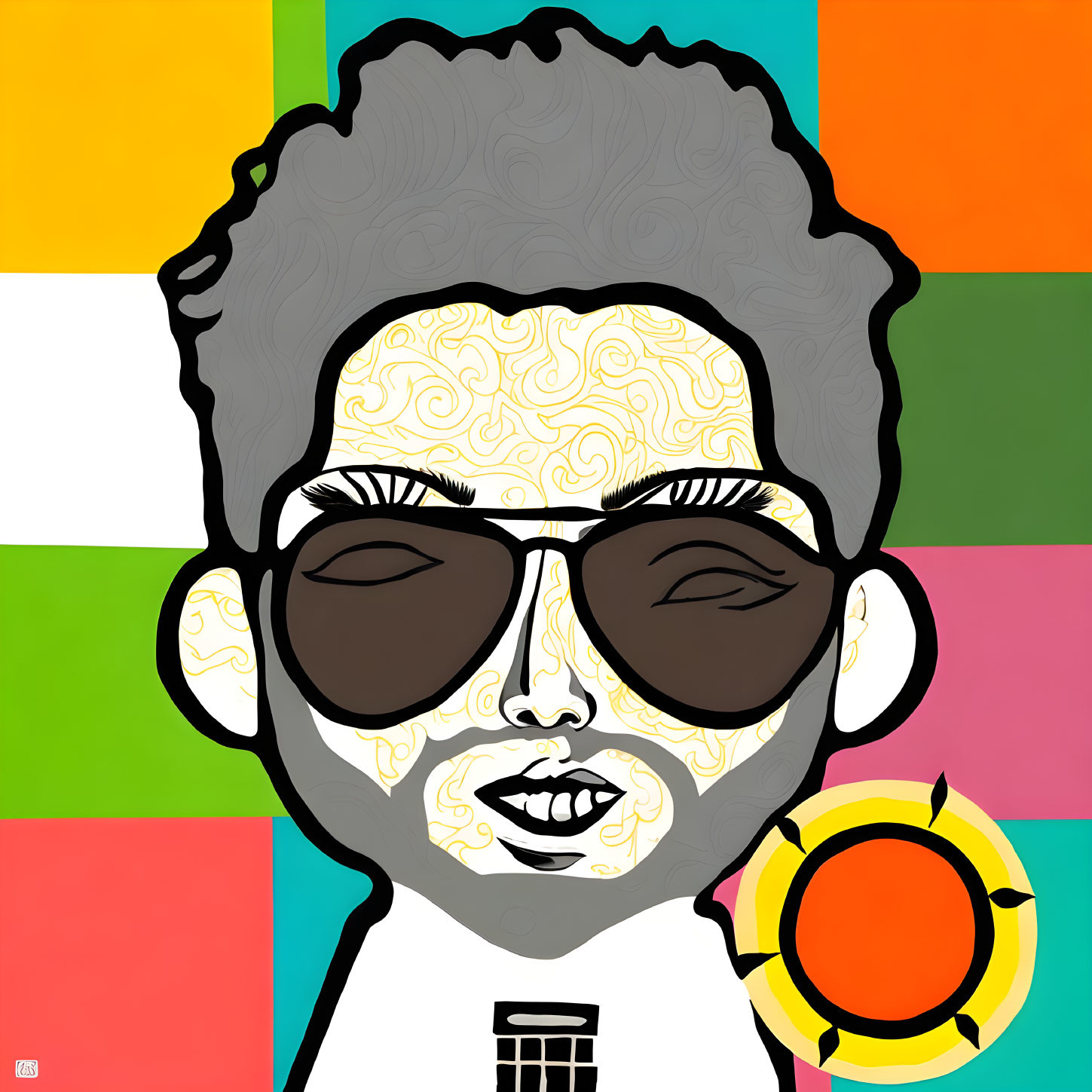 Colorful Stylized Portrait with Sunglasses on Checkerboard Background