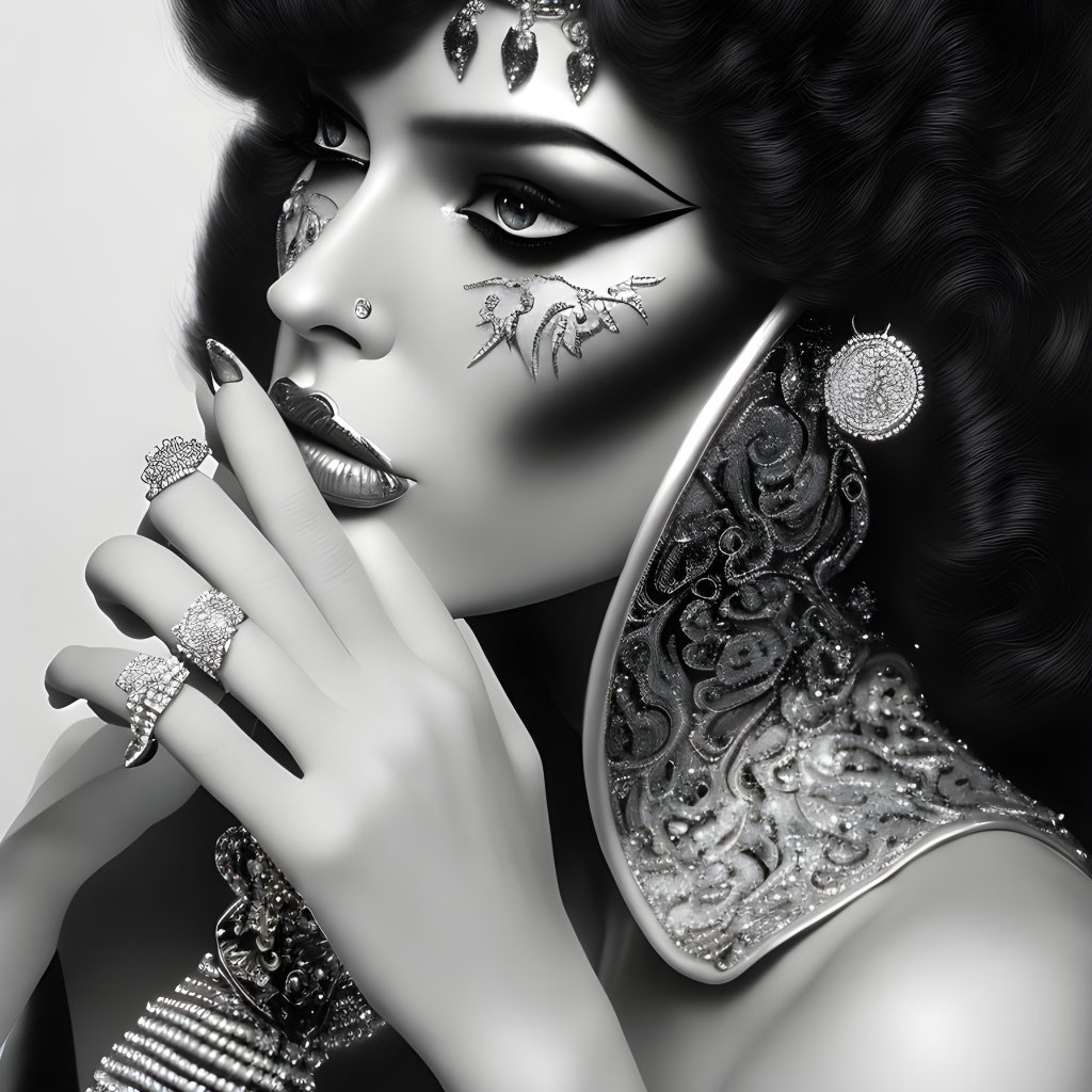 Monochrome image of woman with intricate jewelry, dramatic eye makeup, and scorpion face tattoo.