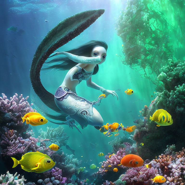 Mermaid with Long Hair Swimming Among Colorful Fish and Coral Reefs