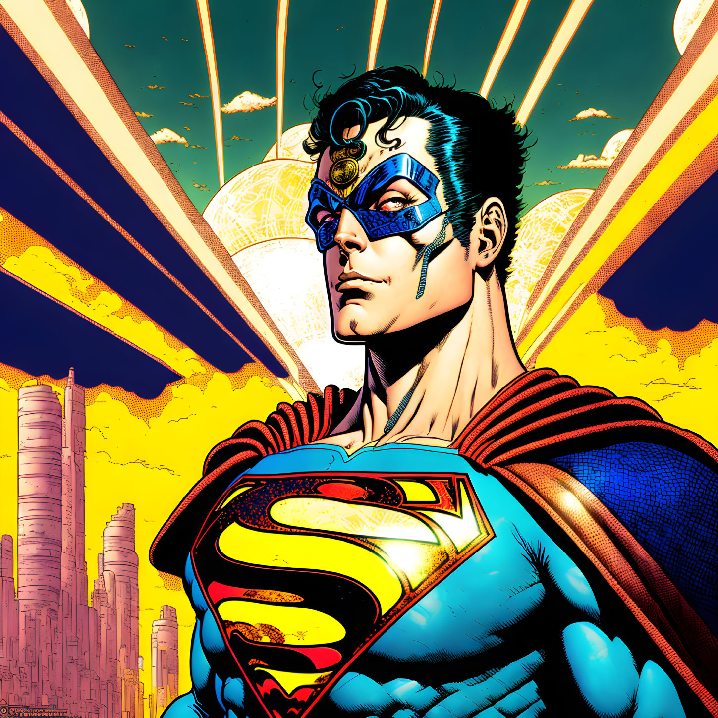 Superman illustration: confident pose in city backdrop with radiant beams.