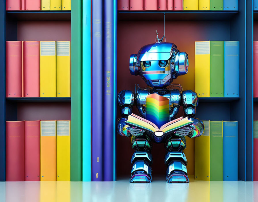 Humanoid robot reading book in front of vibrant rainbow bookshelf