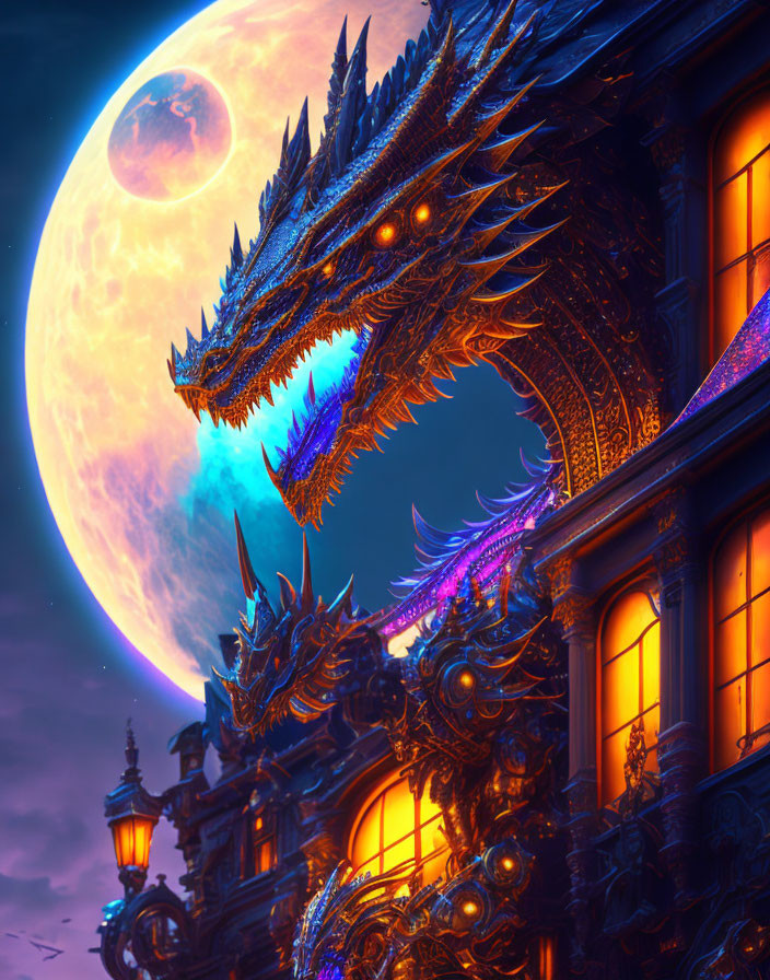 Metallic dragon perched on ornate building under moonlit sky