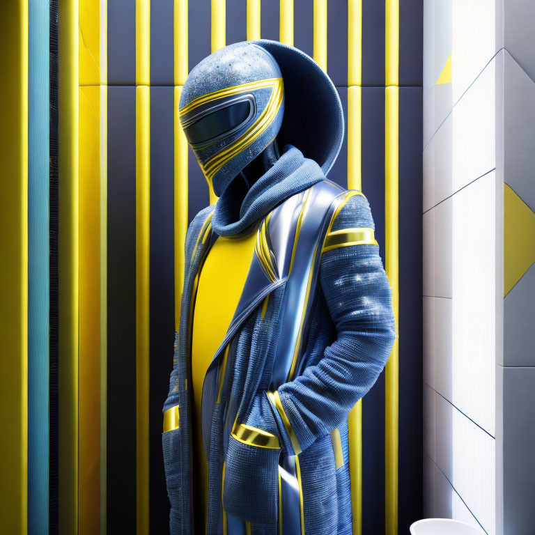 Futuristic blue and yellow suit with helmet against yellow and grey background