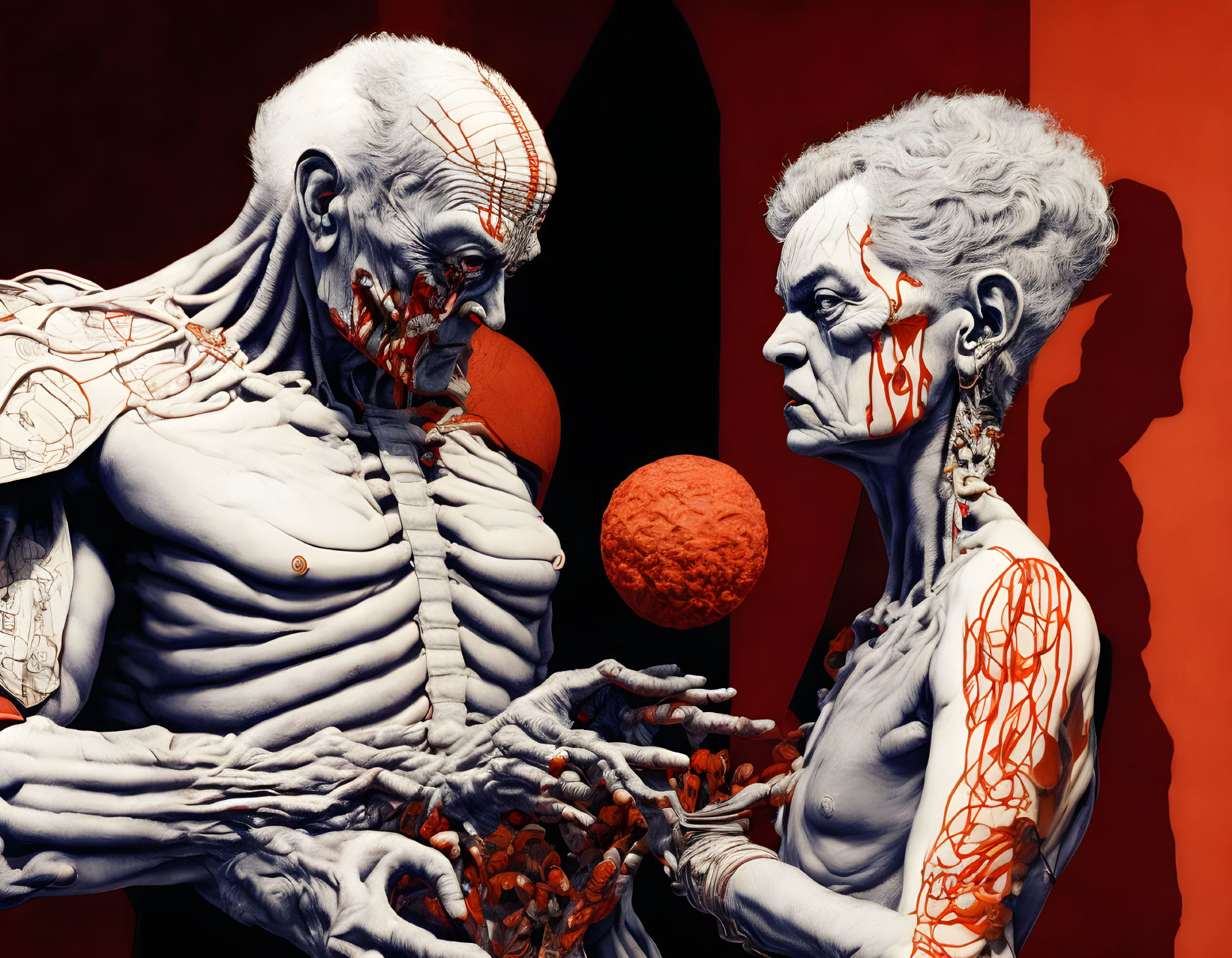 Hyper-realistic sculptures: Elderly figures with exposed musculature and circulatory systems interacting with a