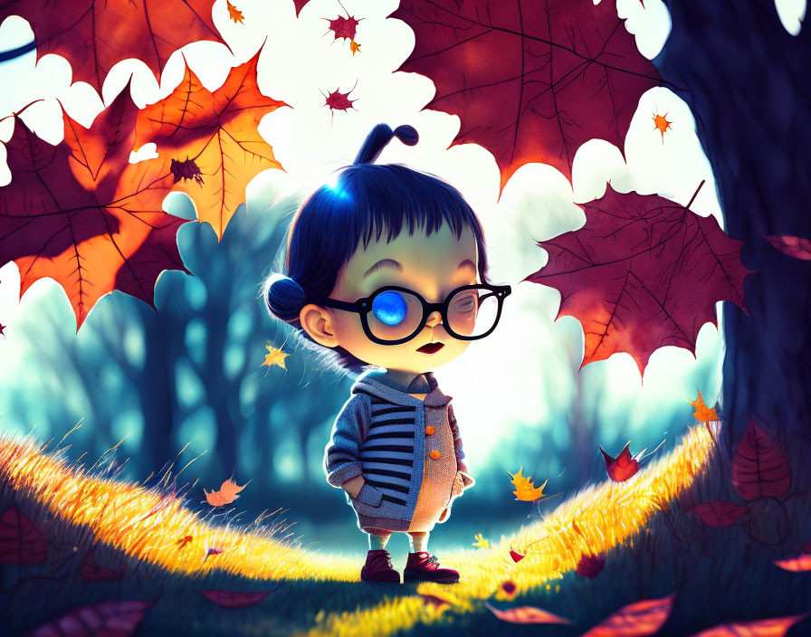 Stylized animated child with large glasses in autumn scene