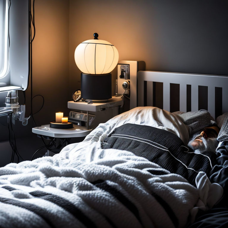 Person sleeping in cozy bedroom with striped covers, bedside lamp, and lit candle