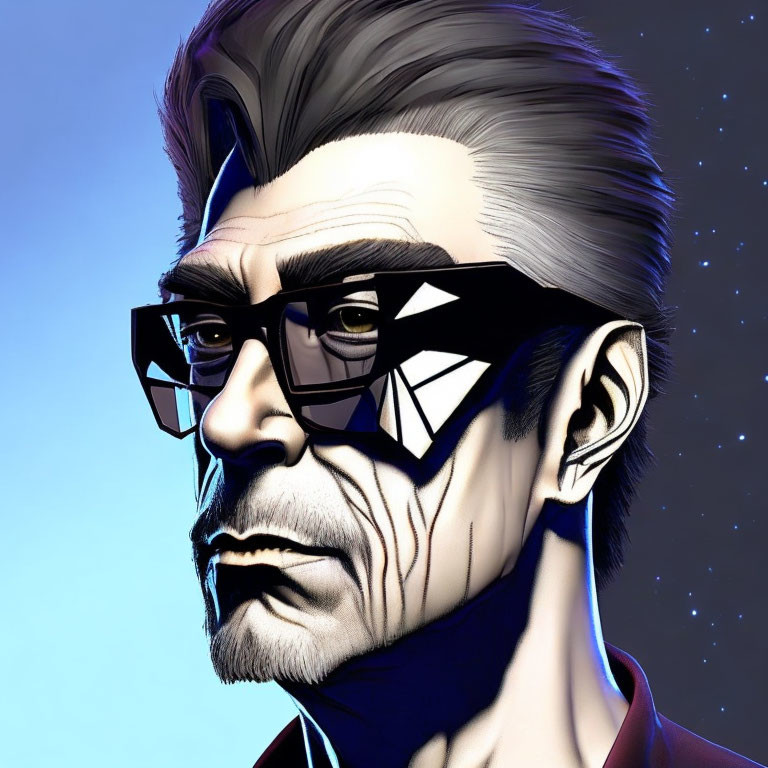 Stylized graphic portrait of man with greying hair, beard, trendy glasses against starry backdrop