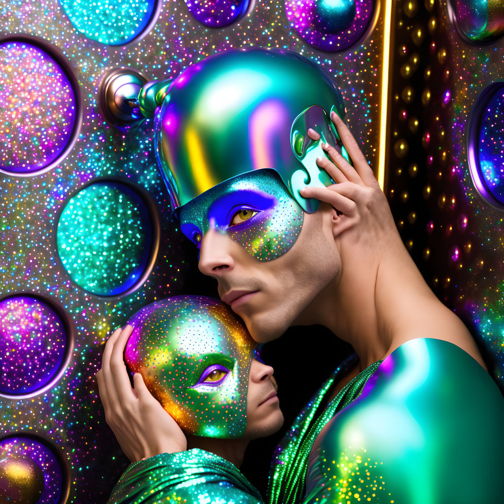 Futuristic metallic makeup on two people with vibrant backdrop