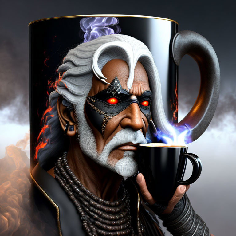 Digital artwork: Human face merges with coffee mug, elder figure, white hair, red eyes, sm