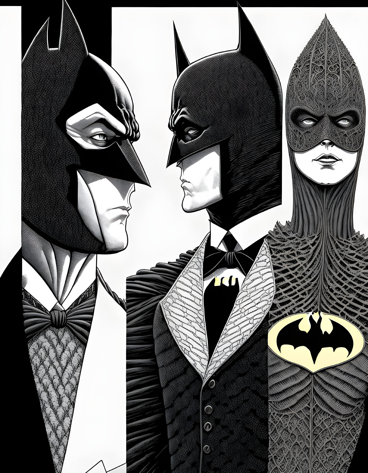 Monochrome artistic illustration of three Batman characters with distinct suits and emblems