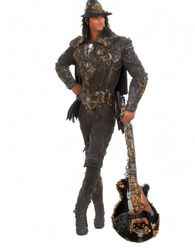 Confident individual in black pirate costume with gold details and guitar