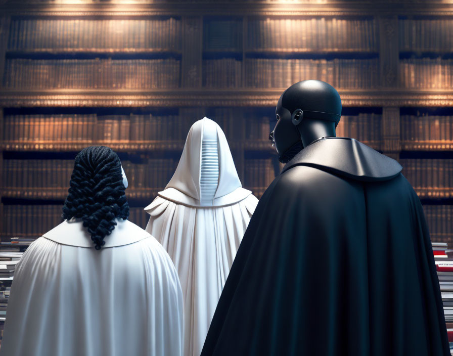 Three figures in cloaks with different hairstyles outside a library