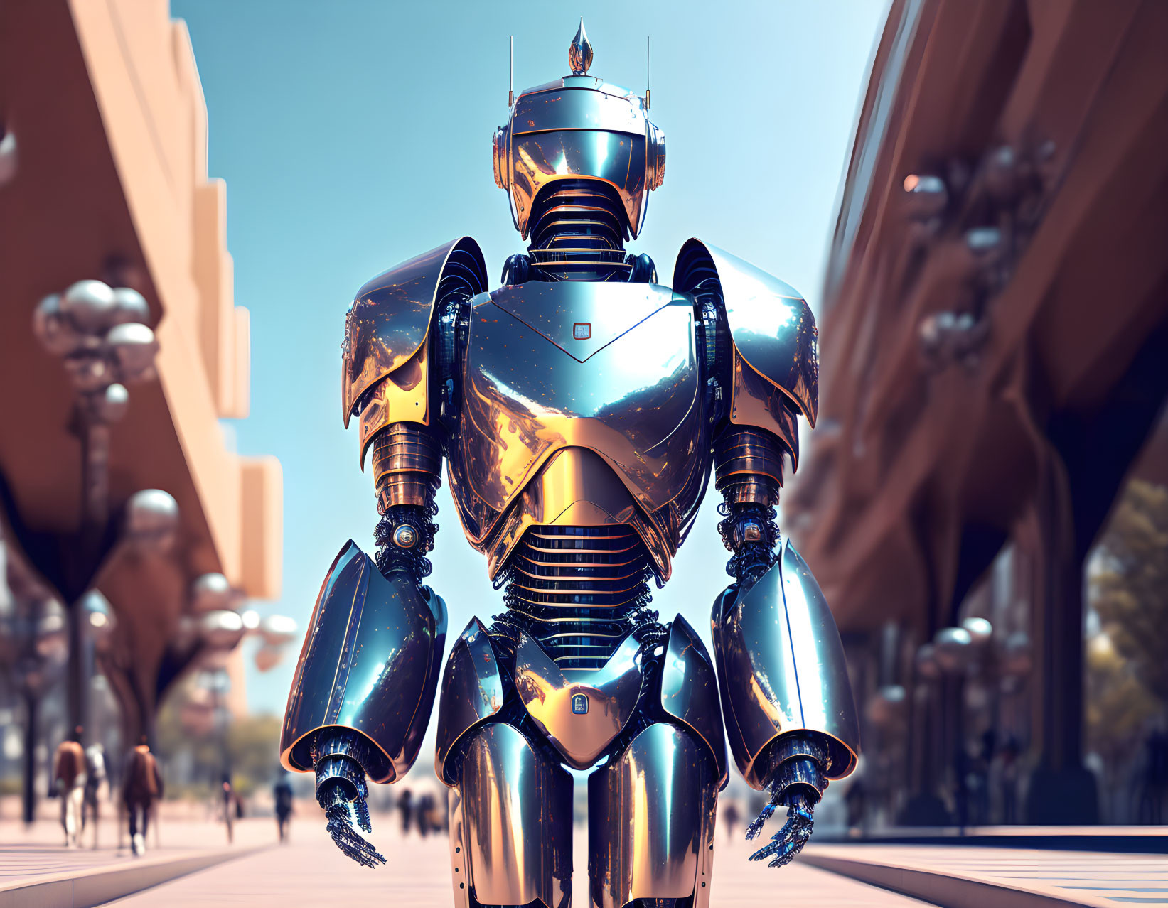 Detailed metallic armored humanoid robot in futuristic cityscape