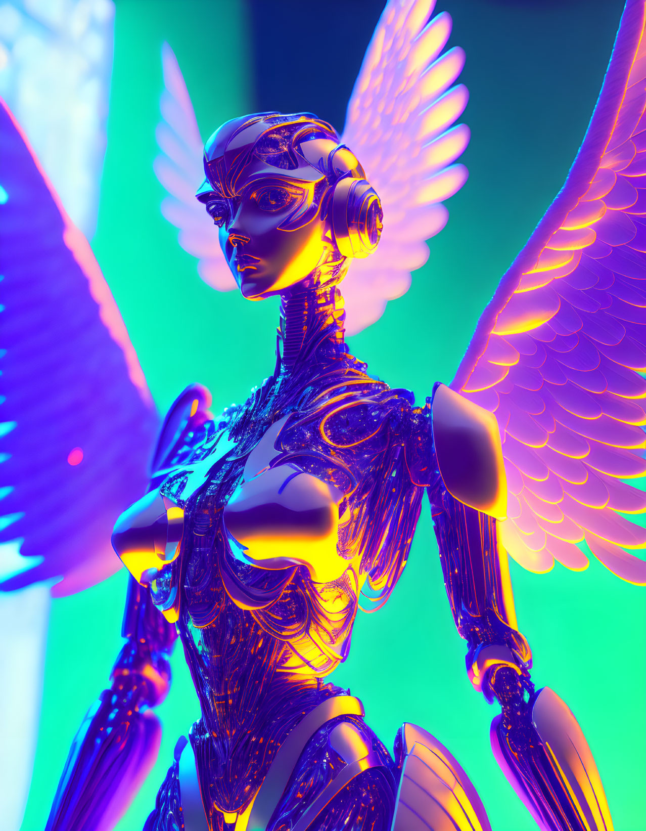 Futuristic robotic figure with angelic wings in neon blue and purple lights