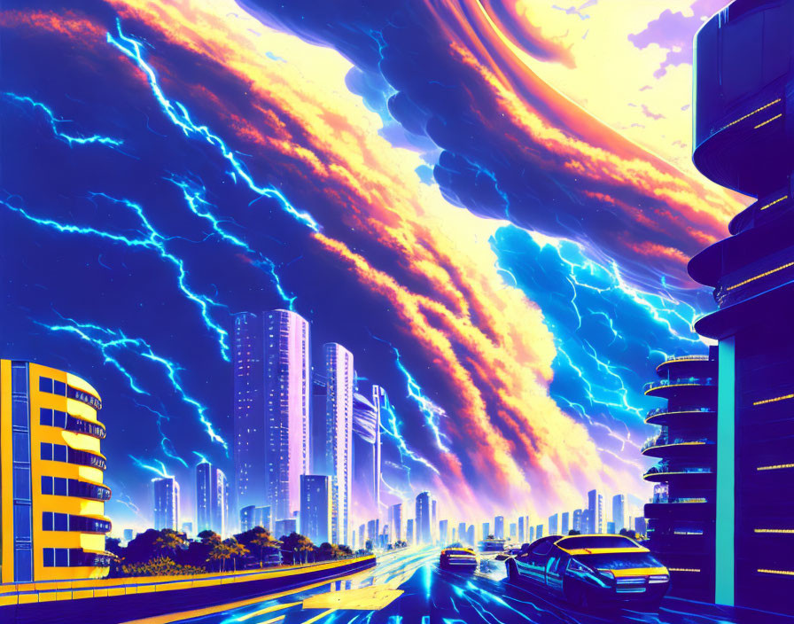 Futuristic cityscape digital artwork with neon buildings and lightning bolts